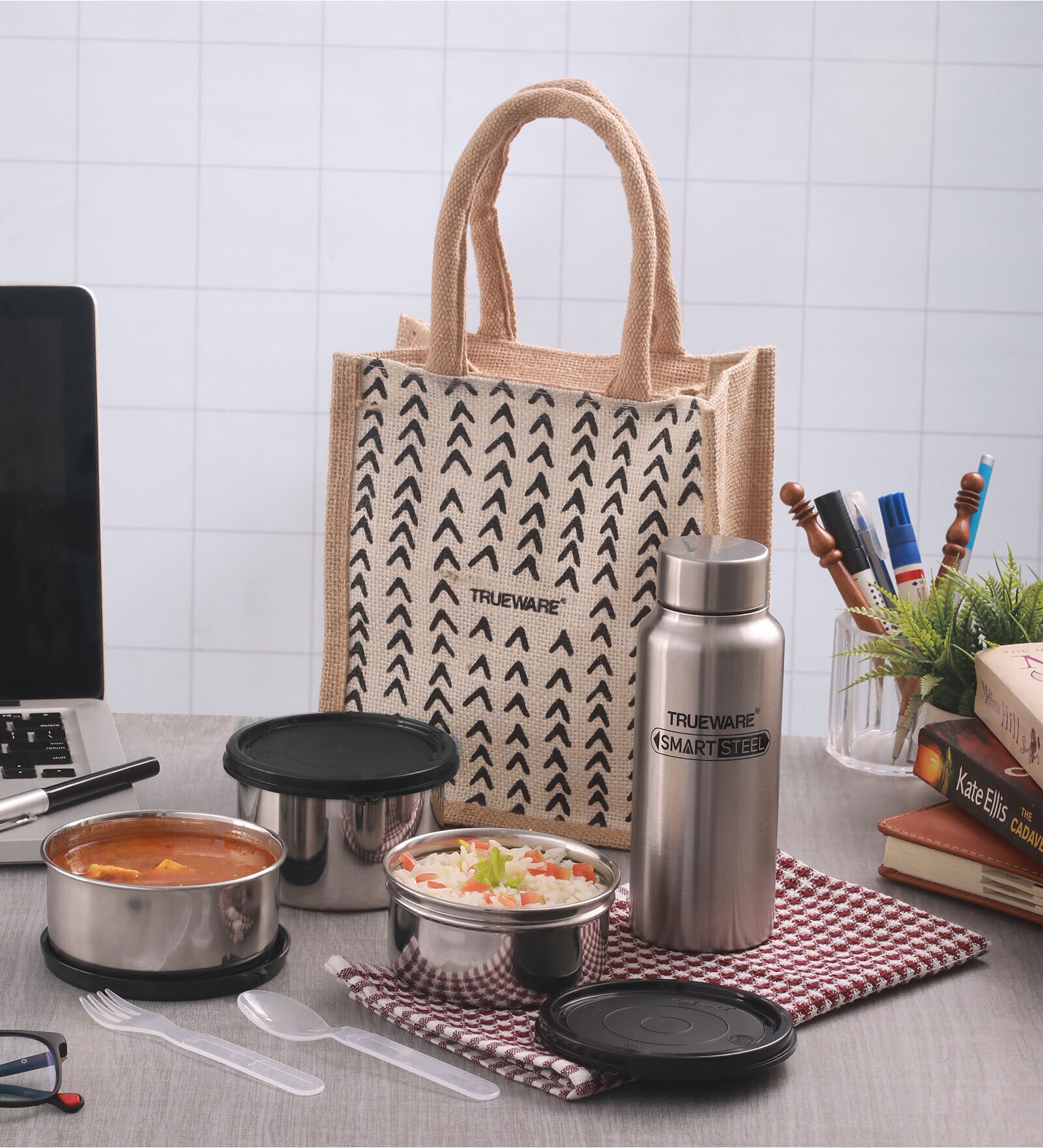 Buy Grey Stainless Steel 3 Container with Jute Bag & 1 Bottle Luch Box ...