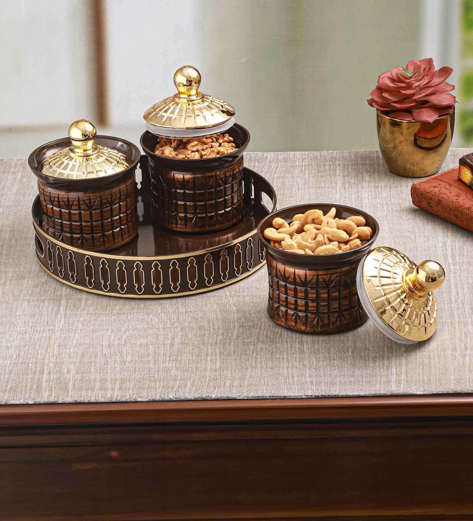 Brown & Gold Plastic (Set of 4) Condiment Set with Tray