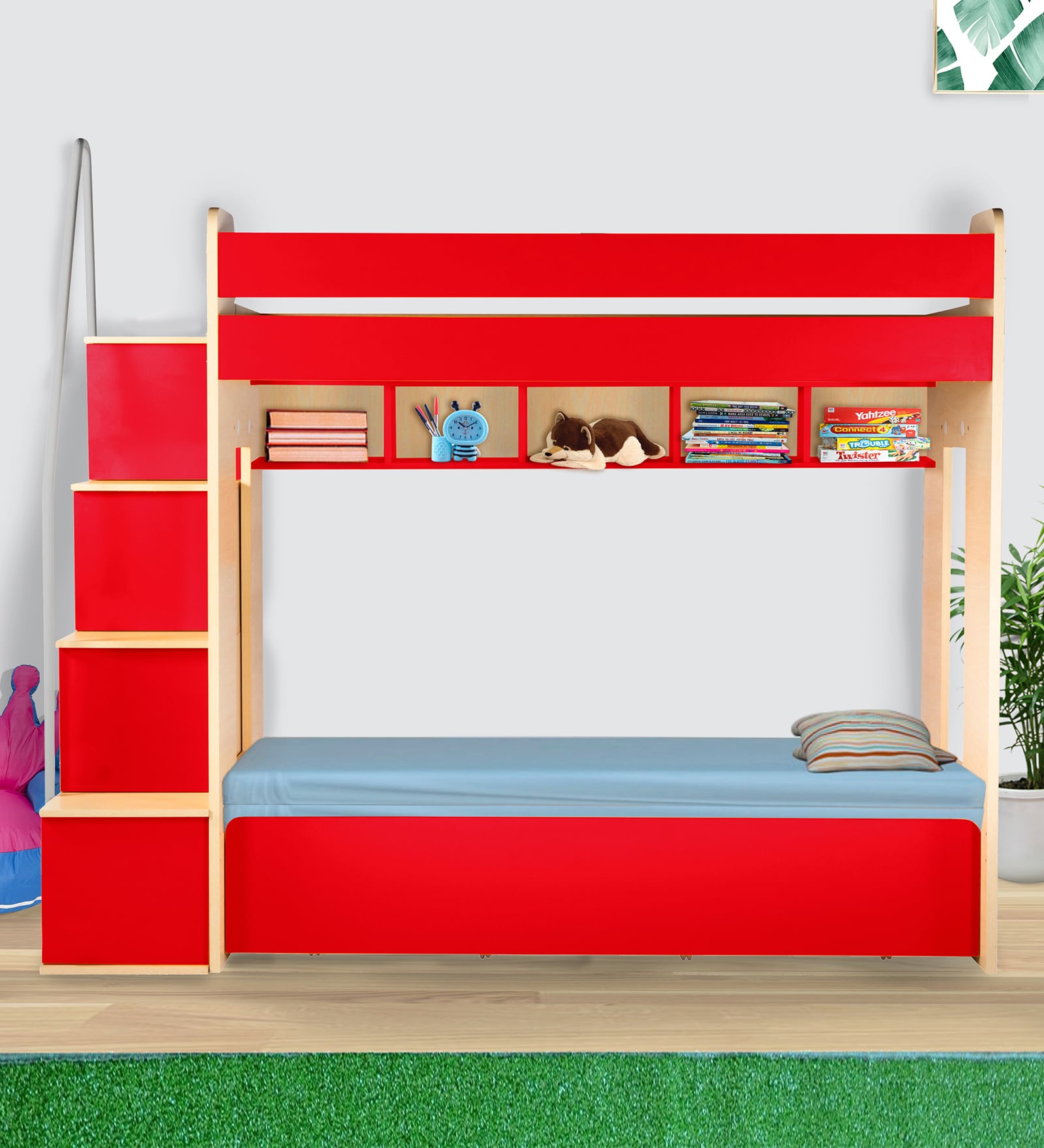 Multi Flexi Bunk Bed in Red Colour with Sofa Cum Bed With Box Storage