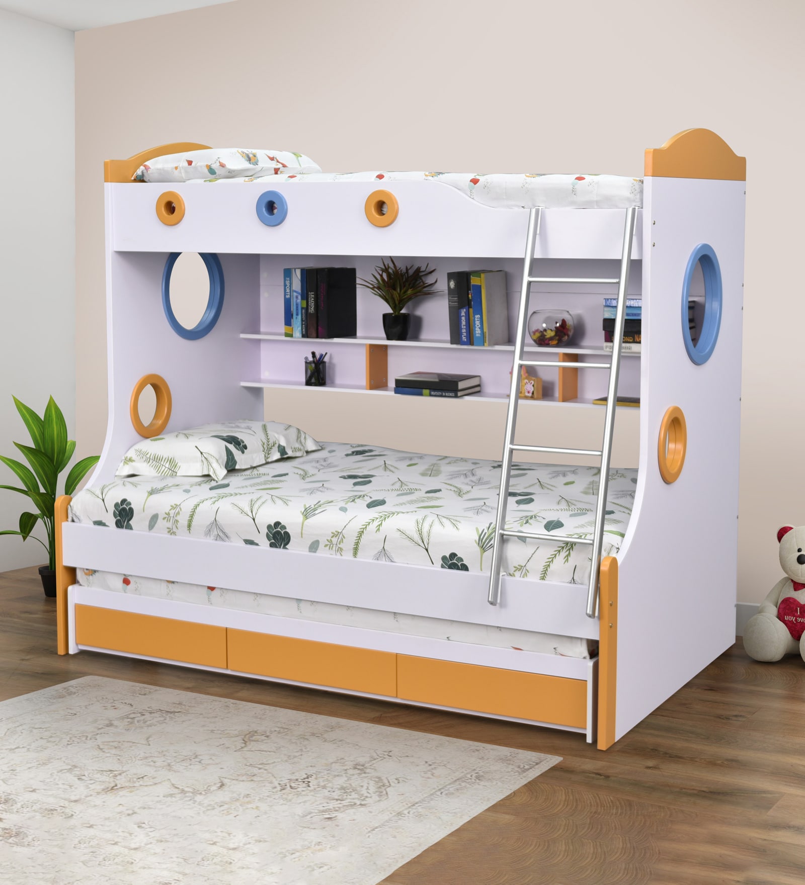 Buy Trundle Bunk Bed In White & Orange Colour With Drawer Storage at 62 ...