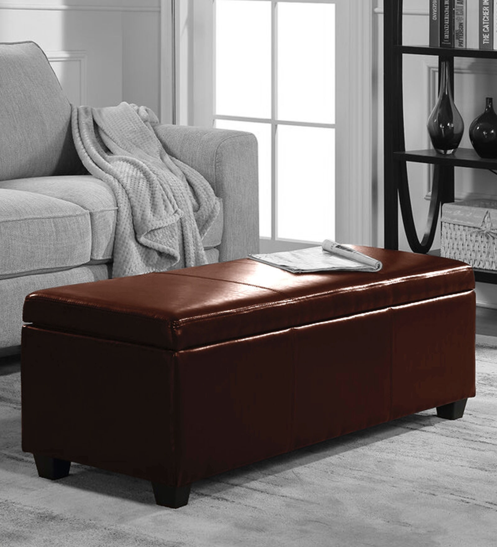 Trunk Leatherette Bench in Lama Brown Colour with Storage