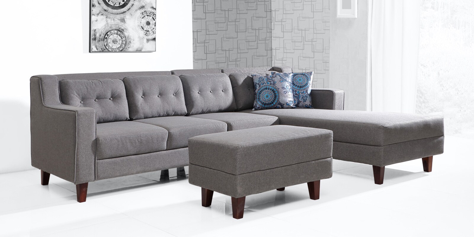 Travis 3 Seater LHS Sectional Sofa with Ottoman in Grey Colour with Ottoman