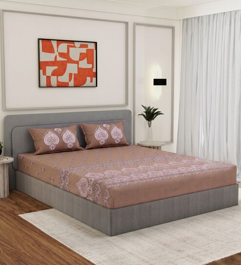 Beige Medallion 144 TC Cotton King Sized Bedsheet With 2 Pillow Covers