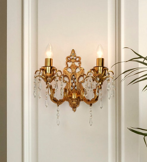 Traditional Brass Candelabra Wall Sconce with Intricate Carving and Pencil Crystals