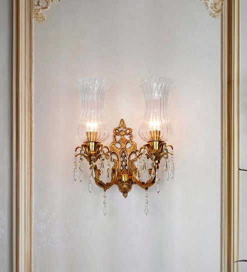 Traditional Brass Finish Wall Sconce with Intricate Carving, Pencil Crystals & Fluted Ruffled Glass