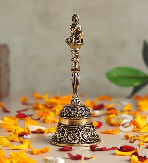 Golden Traditional Brass Pooja Bell with Hanuman Idol