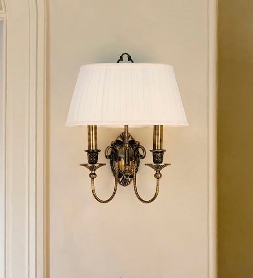 Traditional Double Antique Finish Wall Sconce with Pleated White Fabric Shade