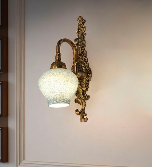 Traditional Long Antique Brass Finish Wall Sconce with Blue Beaded Glass
