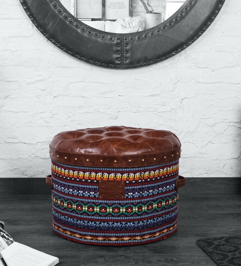 Buy Traditional Multicolor Textile Round Ottoman In Vintage Brown