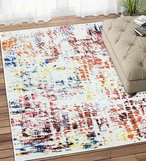 Cream Abstract Polyester 3 ft x 5 ft Machine Made Carpet