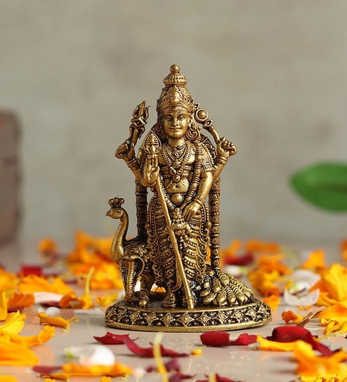 Golden Traditional Pure Brass Kartikeya Idol