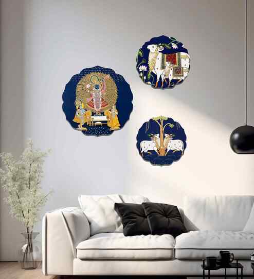 Set of 3  Navy Blue Shrinathji With Kamdhenu Cow Decorative Wall Art