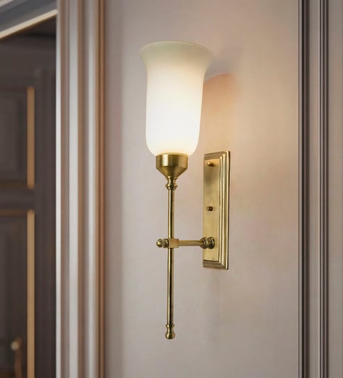 Transitional Antique Brass Long Wall Sconce with Milky Glass Shade