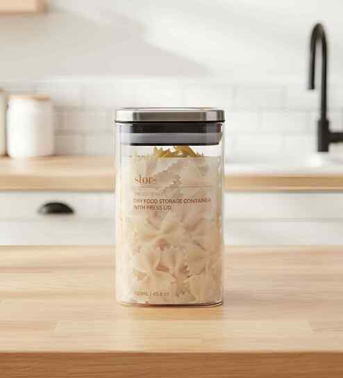 Transparent 1350 ml Borosilicate Glass Storage Container with Airtight Stainless Steel Press Lid