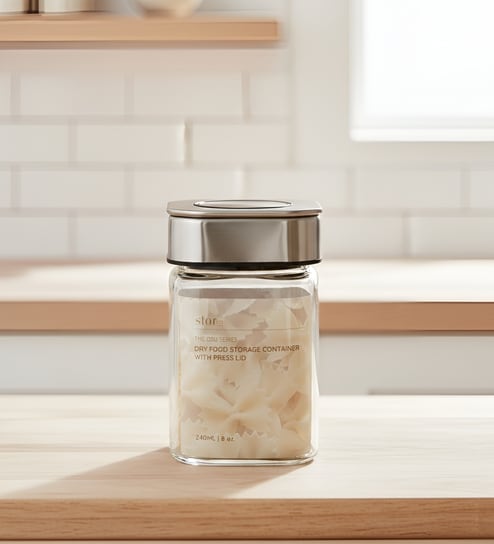Transparent 180 ml Borosilicate Glass Storage Container with Airtight Stainless Steel Press Lid