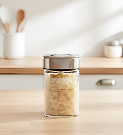 Transparent 240 ml Borosilicate Glass Storage Container with Airtight Stainless Steel Press Lid