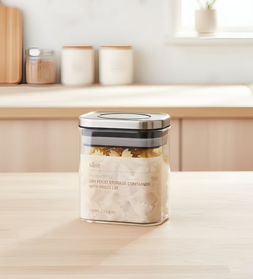 Transparent 730 ml Borosilicate Glass Storage Container with Airtight Stainless Steel Press Lid