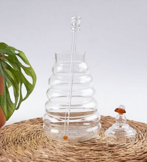 srjana Transparent Glass Honey Comb Shaped Honey Pot-picture-4