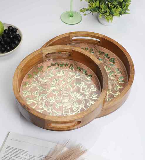 Tree of Life Wooden Tray Set   Handcrafted Nature Design (Set of 2)