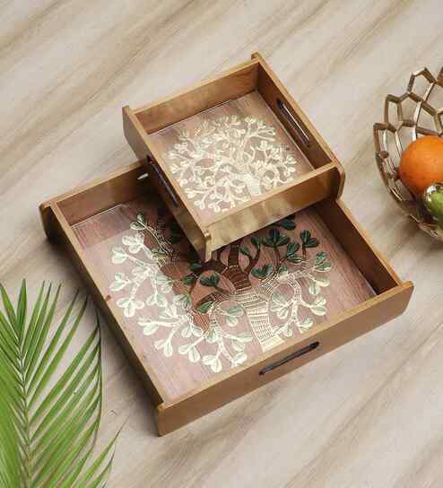 Tree of Life Wooden Tray Set   Set of 2