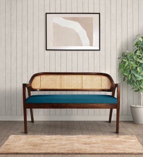 Trevor Teak Wood Rattan Bench In Blue Color