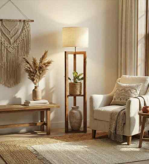 Triad Wooden Shelf Floor Lamp with Jute Shade and Brown Base