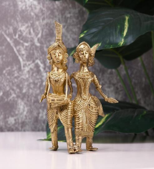 Tribal Couple With Dhol Gold Brass Showpiece