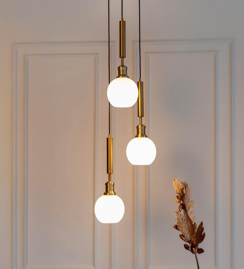 Triple Globe Hanging Pendant Light Antique Brass Finish with Frosted Milky White Glass