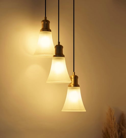Triple Hanging Pendant Light Antique Brass Finish with Hammered Frost Glass
