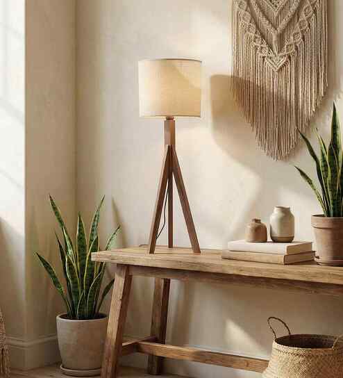 Triune Wooden Table Lamp with Jute Shade & Brown Base