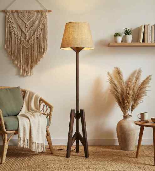 Troika Wooden Floor Lamp with Jute Shade & Brown Base