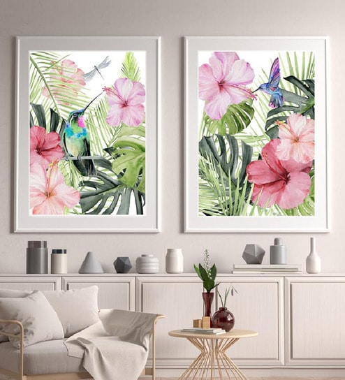 Tropical Hibiscus Green Paper Framed Wildlife Art Print Set of 2