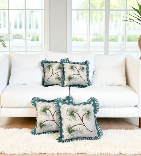 Green Floral Cotton Ruffle 18x18 inches Cushion Covers Set of 4