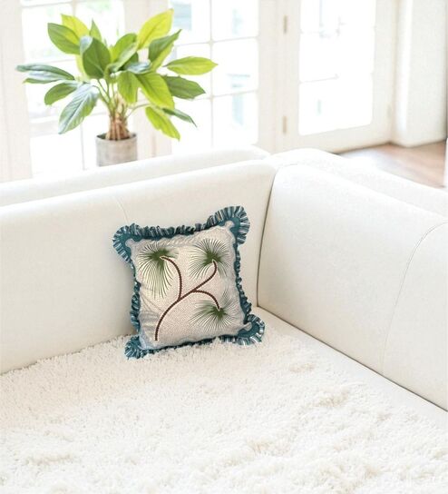 Green Floral Striped Cotton Ruffle 18x18 inches Cushion Cover