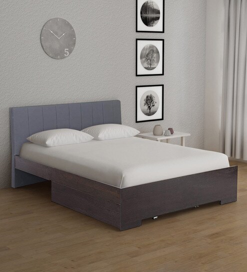 Buy Troy Queen Size Upholstered Bed With 2 Storage Drawers In Grey