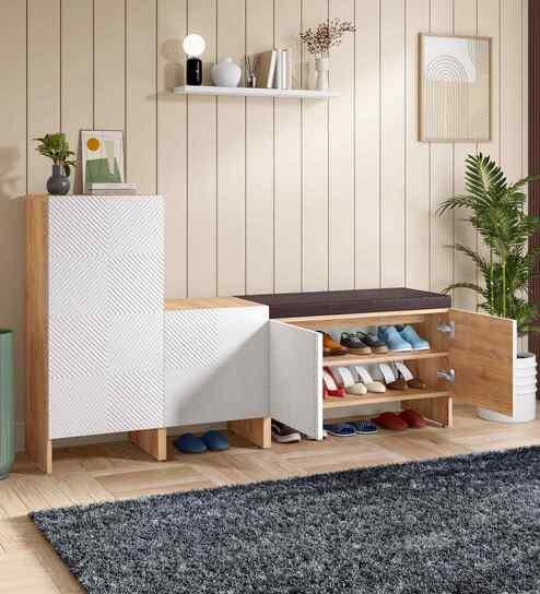 Trudo Shoe Cabinet With Seating (12 Pair + 6 Pair + 10 Pair ) In Oak & White finish