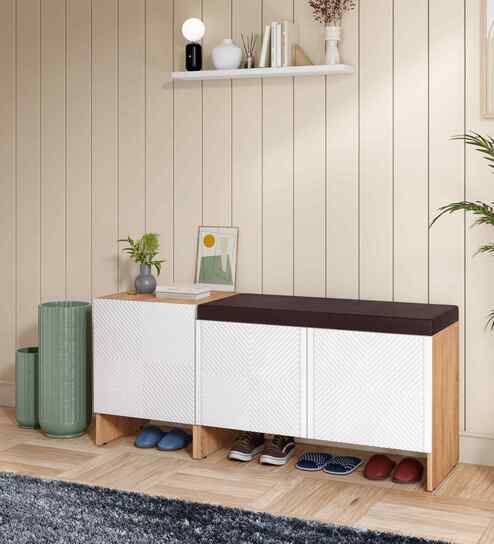 Trudo Modular Shoe Rack With Seating (12 Pair + 6 Pair ) In Oak & White finish