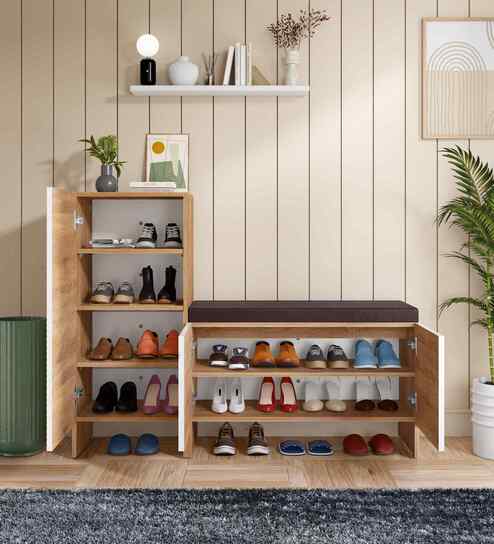 Trudo Modular Shoe Rack With Seating (12 Pair Seat + 10 Pair ) In Oak & White finish