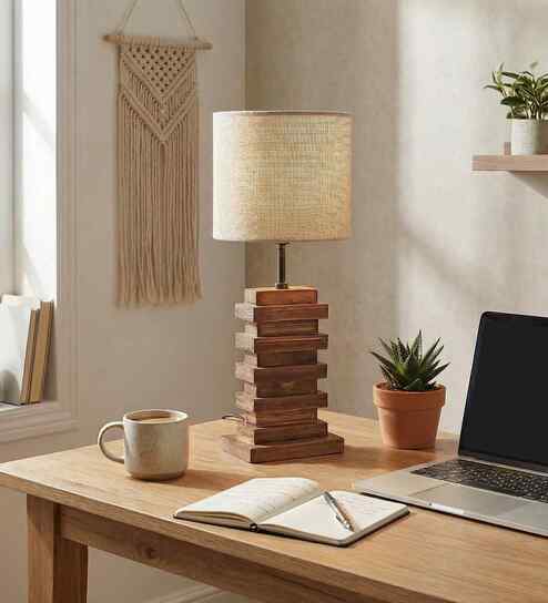 Truffle Brown Wooden Table Lamp with Beige Fabric Lampshade