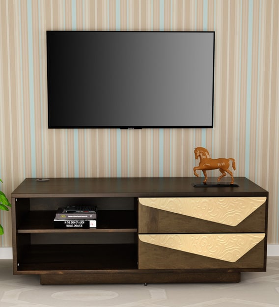 Buy Triangle Tv Unit With 2 Drawers In Natural Wood Finish By Parin Online Modern Tv Consoles Modern Tv Consoles Furniture Pepperfry Product