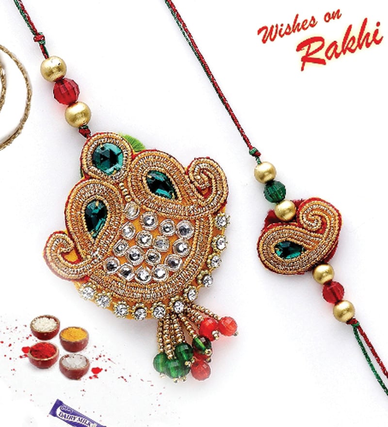 Traditional Design Bhaiya Bhabhi Rakhi Set With Kundans And Beads by