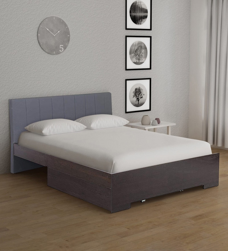 Buy Troy Queen Size Upholstered Bed With 2 Storage Drawers In Grey