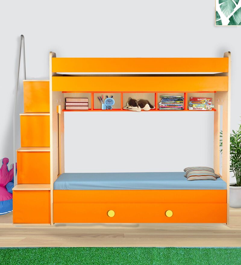 Buy Trundle Bunk Bed with Storage & Shelves in Orange Colour By YiPi