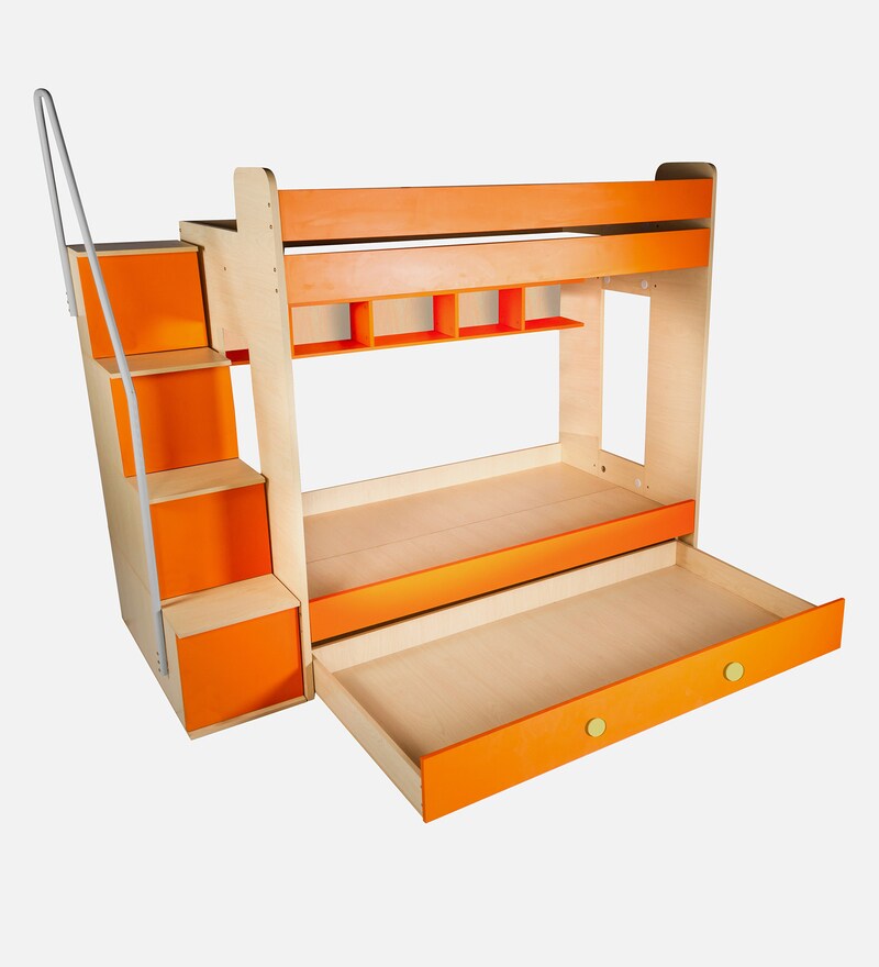 Buy Trundle Bunk Bed with Storage & Shelves in Orange Colour By YiPi