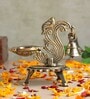 Golden Traditional Brass Aarti Diya with Parrot Design with Hanging Bell