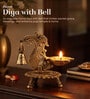 Golden Traditional Brass Aarti Diya with Parrot Design with Hanging Bell