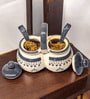 (Set of 2) 200 ml Traditional Ceramic Spice Jar Condiment Set with Lids, Handles & Spoons (Grey)
