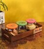 Natural Brown Glass and Wood 3 Pcs Condiment Jars With Tray