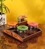 Madhubani Natural Brown Glass and Wood 4 Pcs Condiments Jars with Tray
