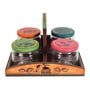 Madhubani Natural Brown Glass and Wood 4 Pcs Condiments Jars with Tray